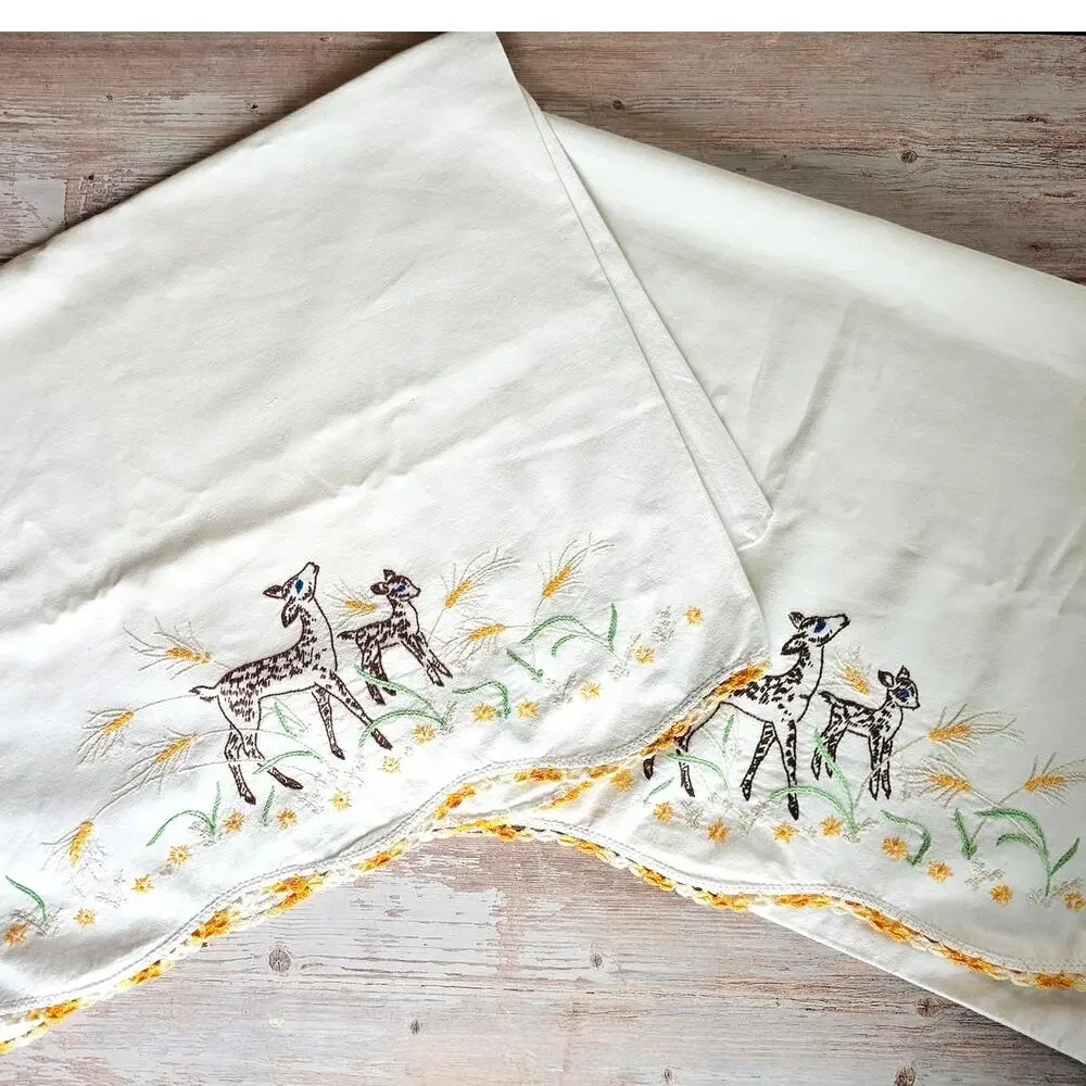 Pair~DEER Fawn Vintage White Cotton Hand Embroidered Pillowcases